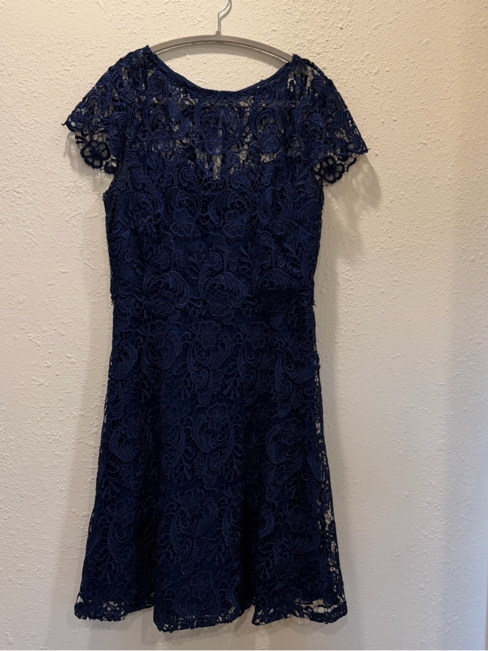 Navy Lace Short Sleeve Fit-and-Flare Dress Size 10